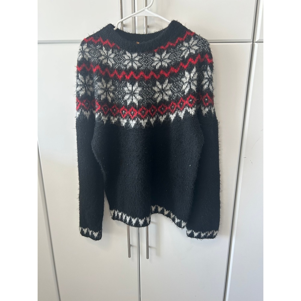 Vintage McGregor Midnite Sun Nordic Fair Isle Snowflake Sweater Black Red Mens L